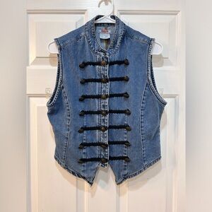 Vintage At Last & Co. 80s Military Style Womens Sz L Denim Vest Festive Hippie